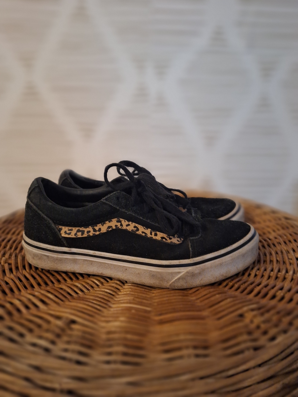 Vans Girls Size 4 Missy Black Skate Sneakers with Leopard Accent